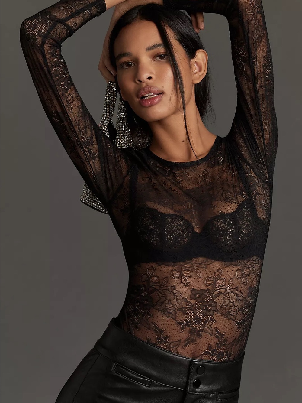 Anthropologie Sheer Black Lace Long-Sleeve Bodysuit